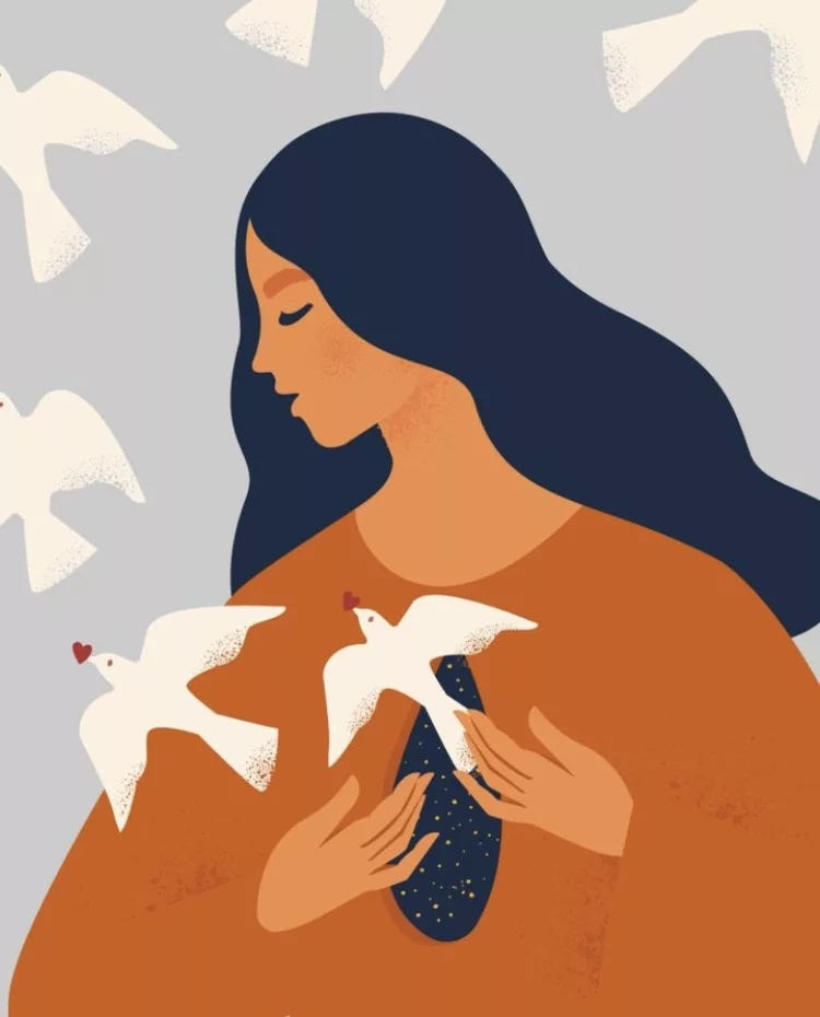 Illustration symbolique d'une femme libérant les mémoires transgénérationnelles à travers des colombes blanches représentant la paix et la guérison